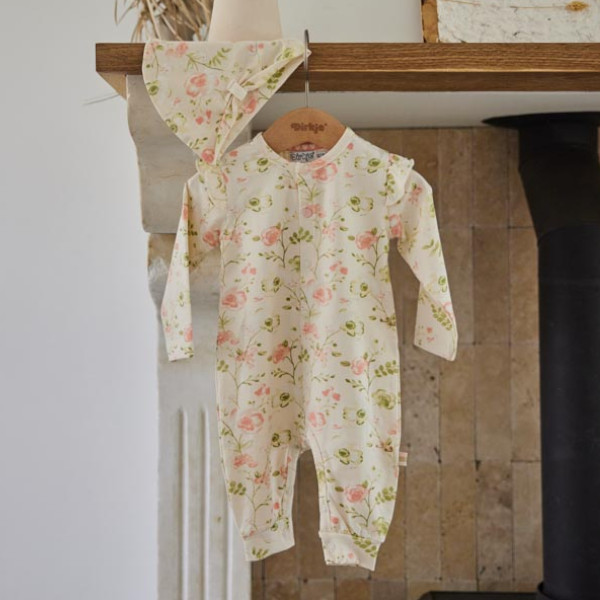 Dirkje Mädchen Baby Set Schlafanzug Mütze off weiß Blumen
